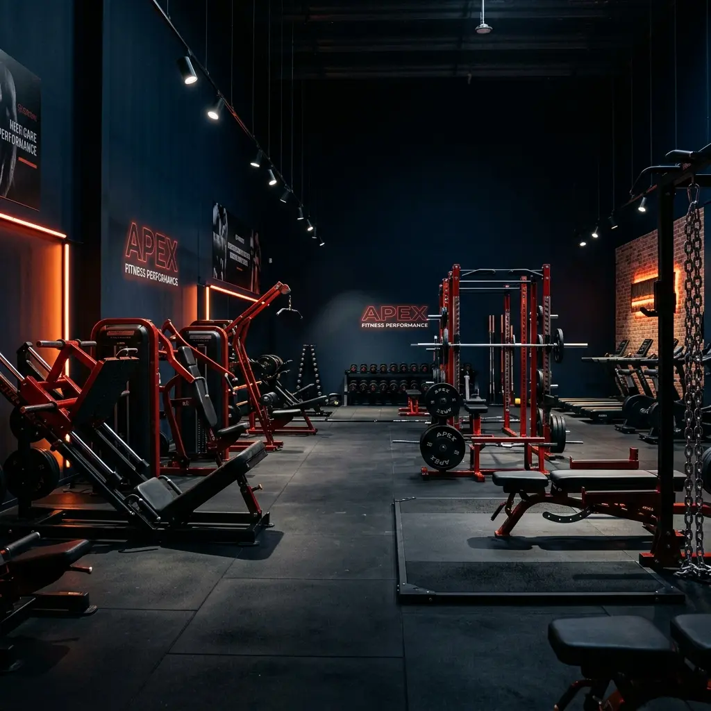 High-end fitness equipment and hydraulic machines in a dark moody setting