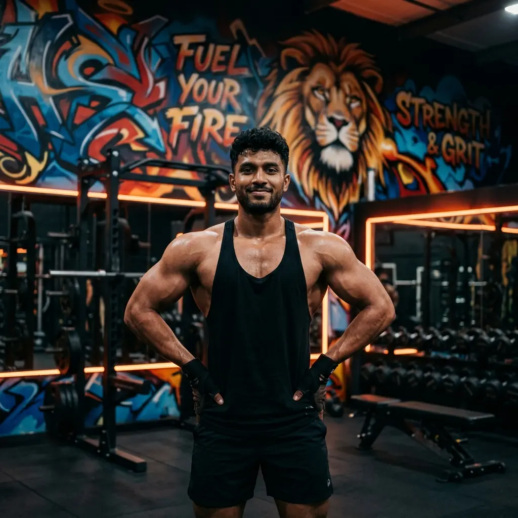 Professional trainer showcasing the results of dedicated training at Muscle Mania